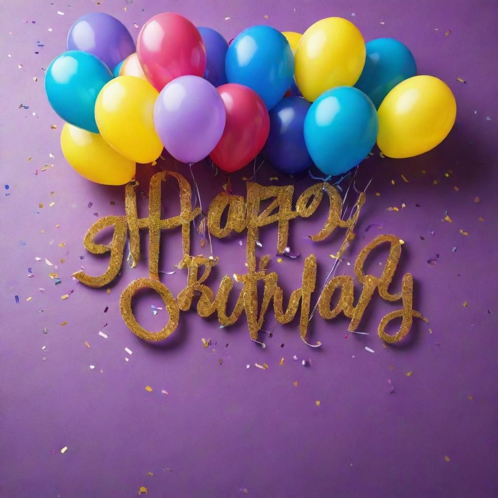 An elegant birthday greeting card with ornate lettering spelling 'Happy Birthday Goutam Maiti' surrounded by vibrant balloons, streamers and confetti.