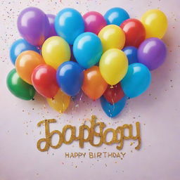 An elegant birthday greeting card with ornate lettering spelling 'Happy Birthday Goutam Maiti' surrounded by vibrant balloons, streamers and confetti.