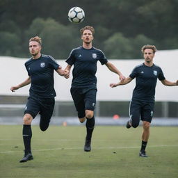 Airpunk-style soccer players, donned in lightweight, airy uniforms, playing with a levitating ball, utilizing anti-gravity boots and showcasing dynamic mid-air maneuvers