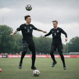 Airpunk-style soccer players, donned in lightweight, airy uniforms, playing with a levitating ball, utilizing anti-gravity boots and showcasing dynamic mid-air maneuvers