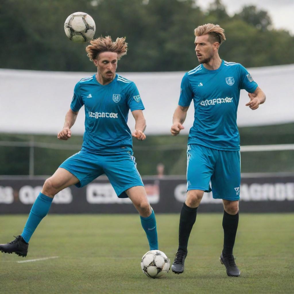 Airpunk-style soccer players, donned in lightweight, airy uniforms, playing with a levitating ball, utilizing anti-gravity boots and showcasing dynamic mid-air maneuvers