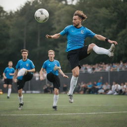 Airpunk-style soccer players, donned in lightweight, airy uniforms, playing with a levitating ball, utilizing anti-gravity boots and showcasing dynamic mid-air maneuvers