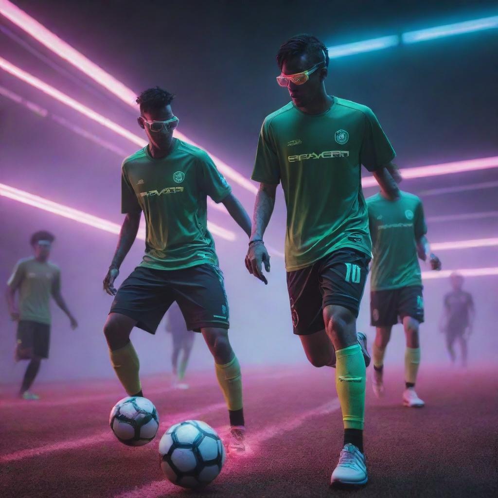 Cyberpunk-style soccer players in high-tech uniforms, neon-lit shoes, equipped with augmented reality eyewear, and advanced sports gear, playing under the glow of a dystopian, digital sky