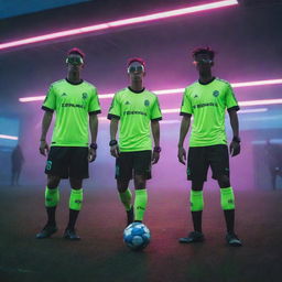 Cyberpunk-style soccer players in high-tech uniforms, neon-lit shoes, equipped with augmented reality eyewear, and advanced sports gear, playing under the glow of a dystopian, digital sky