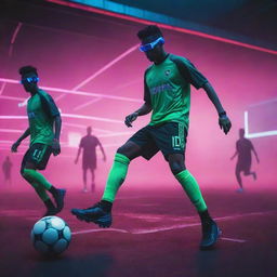 Cyberpunk-style soccer players in high-tech uniforms, neon-lit shoes, equipped with augmented reality eyewear, and advanced sports gear, playing under the glow of a dystopian, digital sky