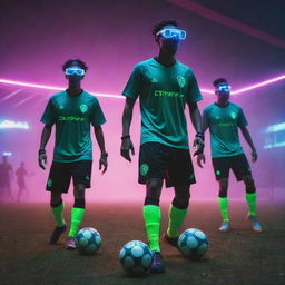 Cyberpunk-style soccer players in high-tech uniforms, neon-lit shoes, equipped with augmented reality eyewear, and advanced sports gear, playing under the glow of a dystopian, digital sky