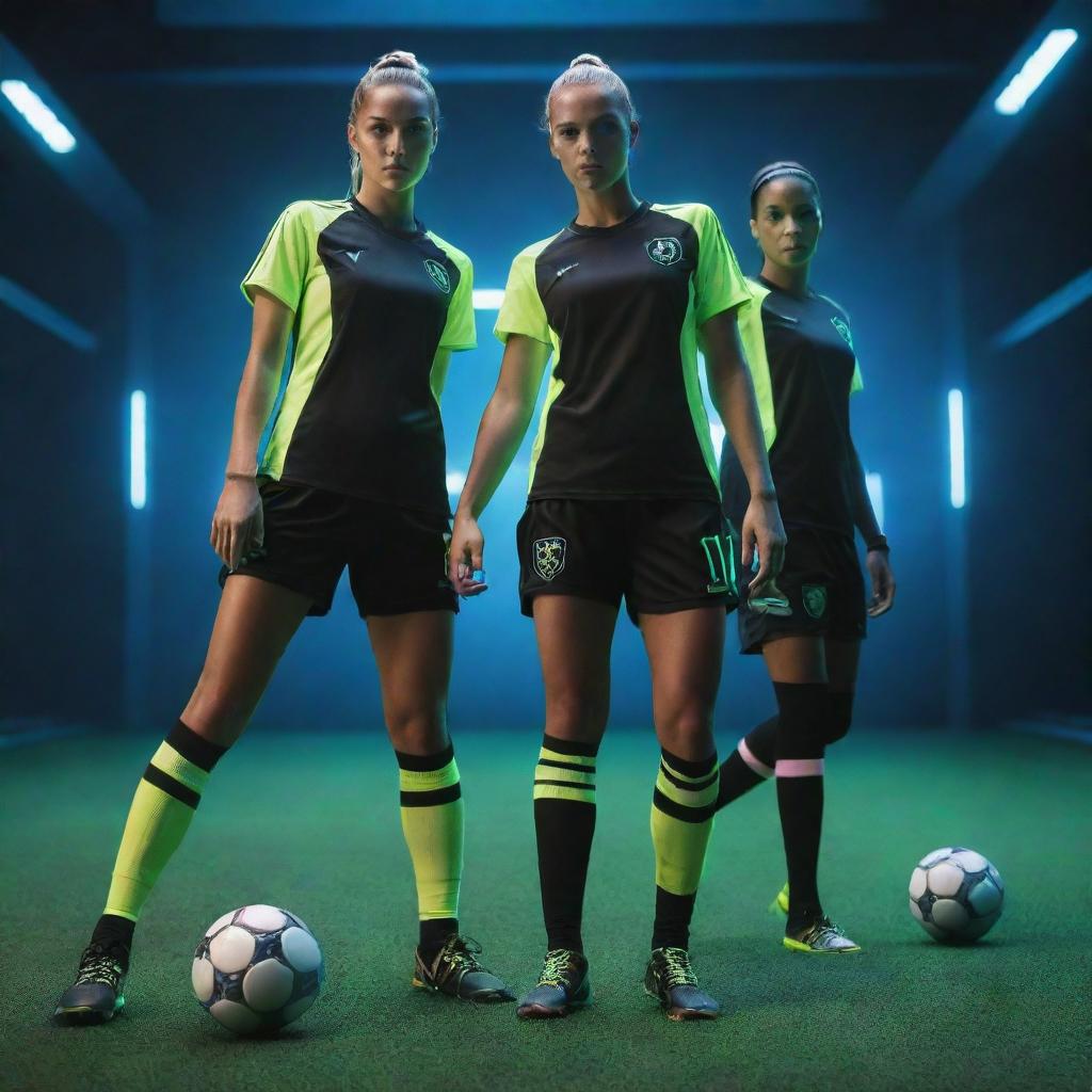 Electropunk-style soccer players, showcased in futuristic uniforms with neon accents, advanced athletic gear glowing with electric energy, and dynamic game-play in a digitally-enhanced field