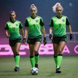 Electropunk-style soccer players, showcased in futuristic uniforms with neon accents, advanced athletic gear glowing with electric energy, and dynamic game-play in a digitally-enhanced field