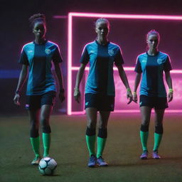 Electropunk-style soccer players, showcased in futuristic uniforms with neon accents, advanced athletic gear glowing with electric energy, and dynamic game-play in a digitally-enhanced field