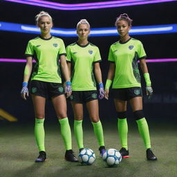 Electropunk-style soccer players, showcased in futuristic uniforms with neon accents, advanced athletic gear glowing with electric energy, and dynamic game-play in a digitally-enhanced field