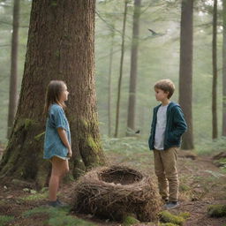 A boy and a girl standing in a forest, gazing at a tree with a bird's nest. They are engaged in a conversation about ecosystems.