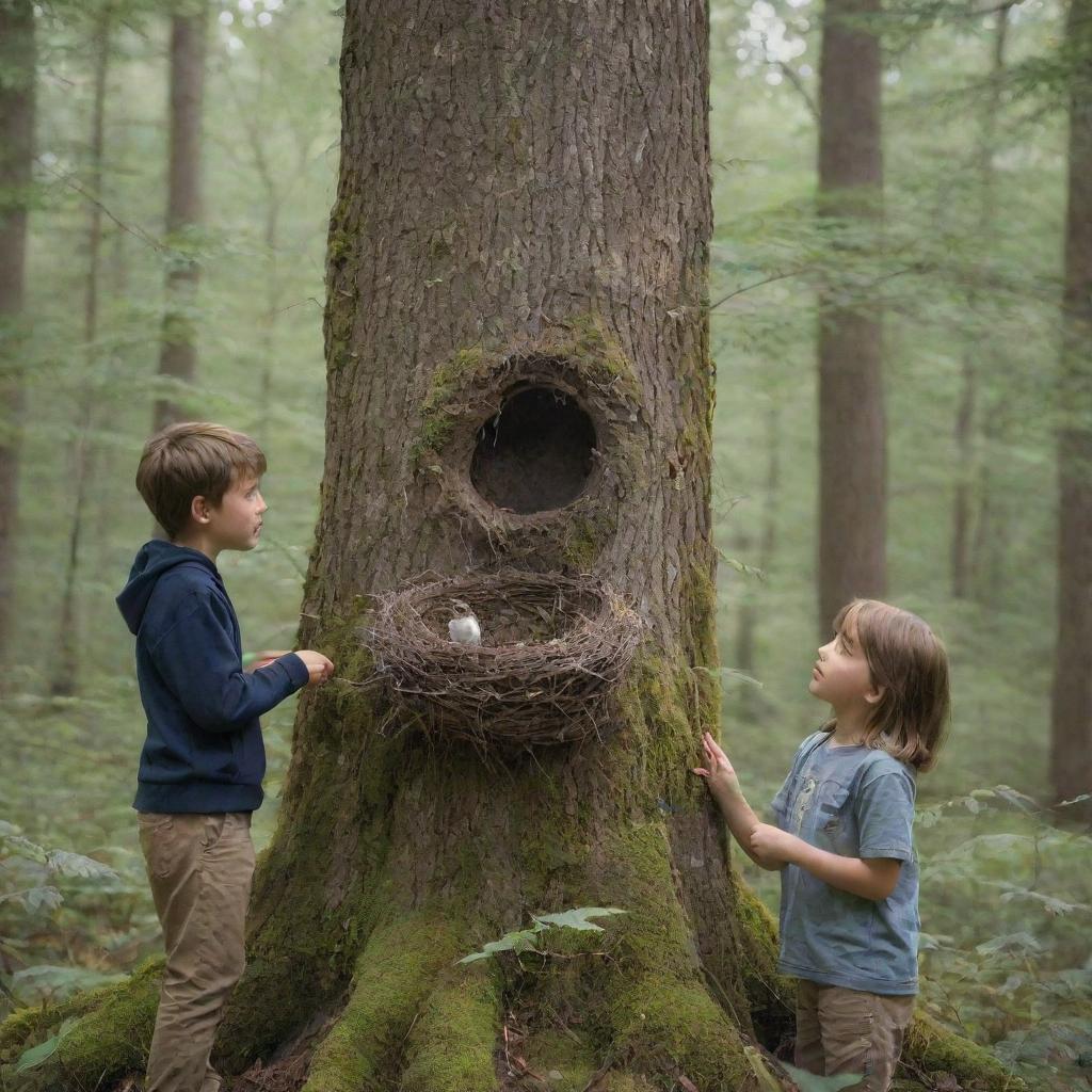 A boy and a girl standing in a forest, gazing at a tree with a bird's nest. They are engaged in a conversation about ecosystems.