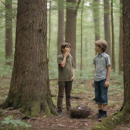 A boy and a girl standing in a forest, gazing at a tree with a bird's nest. They are engaged in a conversation about ecosystems.