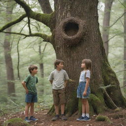 A boy and a girl standing in a forest, gazing at a tree with a bird's nest. They are engaged in a conversation about ecosystems.