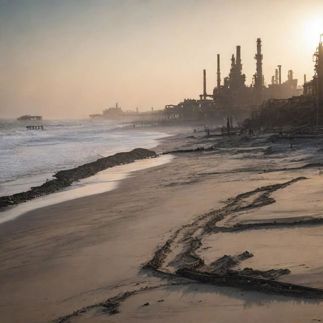 A Gaspunk-style beach, where the sand is interspersed with industrial remnants, the sun sets amidst smog-filled skyline, and the ocean waves lapping against machinery and pipelines protruding from the beach