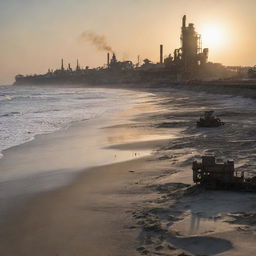 A Gaspunk-style beach, where the sand is interspersed with industrial remnants, the sun sets amidst smog-filled skyline, and the ocean waves lapping against machinery and pipelines protruding from the beach