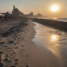 A Gaspunk-style beach, where the sand is interspersed with industrial remnants, the sun sets amidst smog-filled skyline, and the ocean waves lapping against machinery and pipelines protruding from the beach