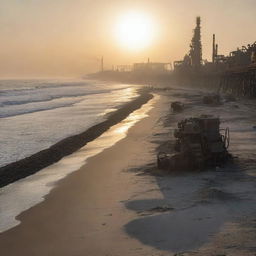 A Gaspunk-style beach, where the sand is interspersed with industrial remnants, the sun sets amidst smog-filled skyline, and the ocean waves lapping against machinery and pipelines protruding from the beach