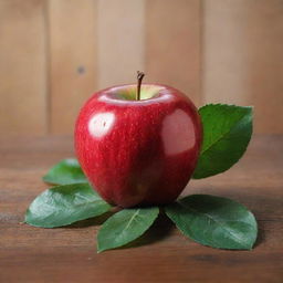 A ripe, shiny red apple with a green leaf attached to the top, sitting on a wooden table. The apple is dew-kissed, reflecting light from a source above it and enhancing its tempting allure.