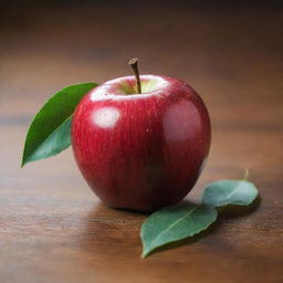 A ripe, shiny red apple with a green leaf attached to the top, sitting on a wooden table. The apple is dew-kissed, reflecting light from a source above it and enhancing its tempting allure.