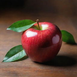 A ripe, shiny red apple with a green leaf attached to the top, sitting on a wooden table. The apple is dew-kissed, reflecting light from a source above it and enhancing its tempting allure.