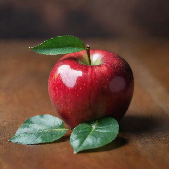 A ripe, shiny red apple with a green leaf attached to the top, sitting on a wooden table. The apple is dew-kissed, reflecting light from a source above it and enhancing its tempting allure.