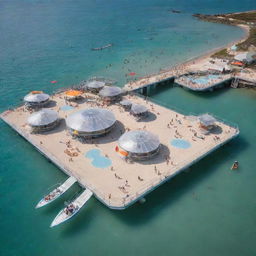 An Airpunk-style beach, featuring floating islands on the seashore, hovering lifeguard stations, translucent glass walkways atop waves, and visitors enjoying anti-gravity water sports