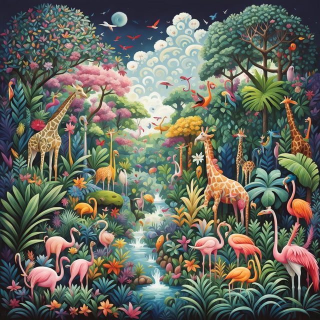 A vibrant and colorful image of a tropical forest filled with a variety of cute and playful animals such as giraffes, pigs, flamingos, swans, dolphins, crocodiles, and monkeys