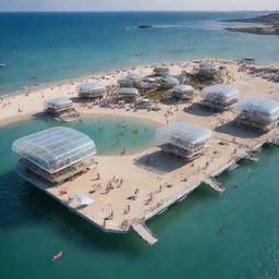 An Airpunk-style beach, featuring floating islands on the seashore, hovering lifeguard stations, translucent glass walkways atop waves, and visitors enjoying anti-gravity water sports