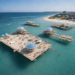 An Airpunk-style beach, featuring floating islands on the seashore, hovering lifeguard stations, translucent glass walkways atop waves, and visitors enjoying anti-gravity water sports