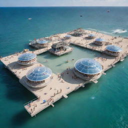 An Airpunk-style beach, featuring floating islands on the seashore, hovering lifeguard stations, translucent glass walkways atop waves, and visitors enjoying anti-gravity water sports