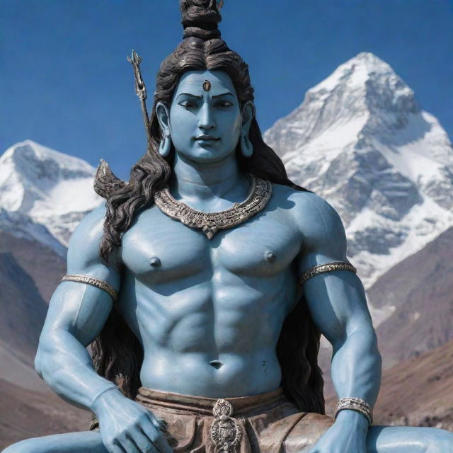 A majestic image of Lord Shiva, portrayed in resplendent detail. Shiva sits in contemplation, a serene look on his face, his trident by his side, with the backdrop of the divine Mount Kailash.