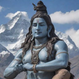 A majestic image of Lord Shiva, portrayed in resplendent detail. Shiva sits in contemplation, a serene look on his face, his trident by his side, with the backdrop of the divine Mount Kailash.