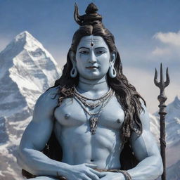 A majestic image of Lord Shiva, portrayed in resplendent detail. Shiva sits in contemplation, a serene look on his face, his trident by his side, with the backdrop of the divine Mount Kailash.