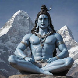 A majestic image of Lord Shiva, portrayed in resplendent detail. Shiva sits in contemplation, a serene look on his face, his trident by his side, with the backdrop of the divine Mount Kailash.