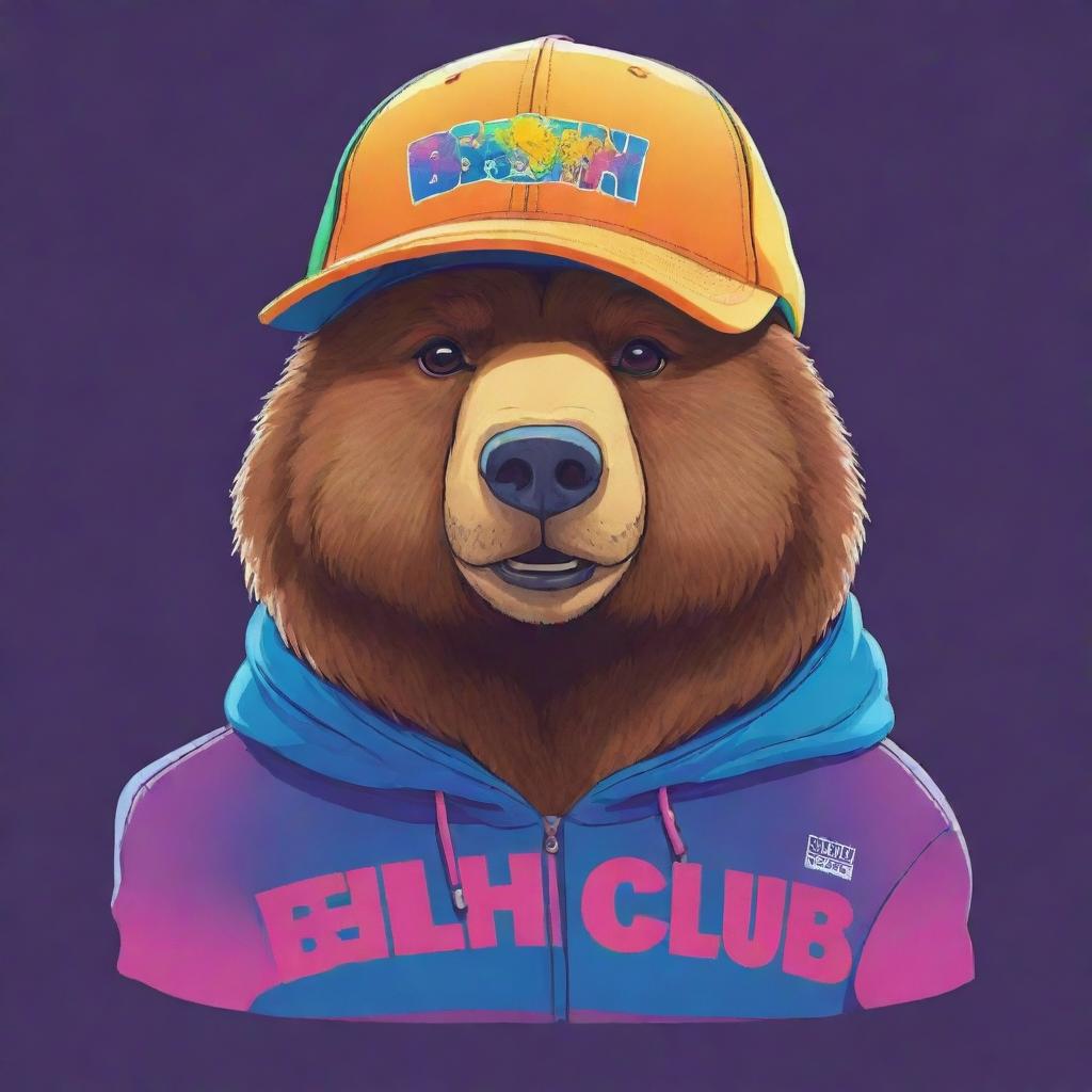 A cool anime-style bear wearing a stylish cap with sharp graphics and vibrant colors, featuring the words 'Bealish Club'.