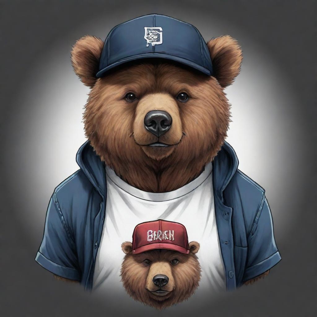 A cool, gangster-esque anime-style bear sporting a cap labelled 'Bearlish Club'. Rendered realistic with edgy tattoo art influence, conveying a sense of street vibe.