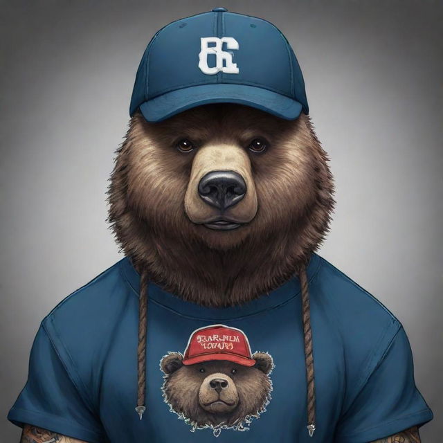 A cool, gangster-esque anime-style bear sporting a cap labelled 'Bearlish Club'. Rendered realistic with edgy tattoo art influence, conveying a sense of street vibe.