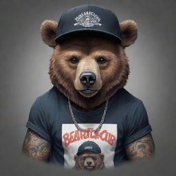 A cool, gangster-esque anime-style bear sporting a cap labelled 'Bearlish Club'. Rendered realistic with edgy tattoo art influence, conveying a sense of street vibe.