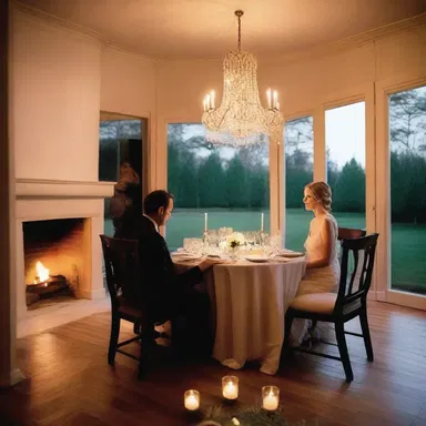The couple enjoyed a romantic candlelit dinner by the glassless fireplace.