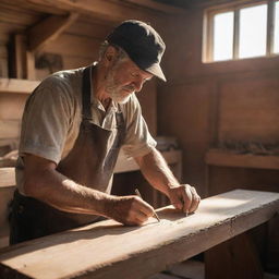 A detailed figure of a ship carpenter, skillfully working with his tools on a large wooden ship under diffuse sunlight.