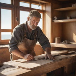 A detailed figure of a ship carpenter, skillfully working with his tools on a large wooden ship under diffuse sunlight.