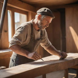 A detailed figure of a ship carpenter, skillfully working with his tools on a large wooden ship under diffuse sunlight.