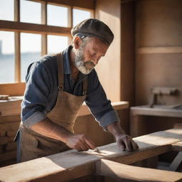 A detailed figure of a ship carpenter, skillfully working with his tools on a large wooden ship under diffuse sunlight.