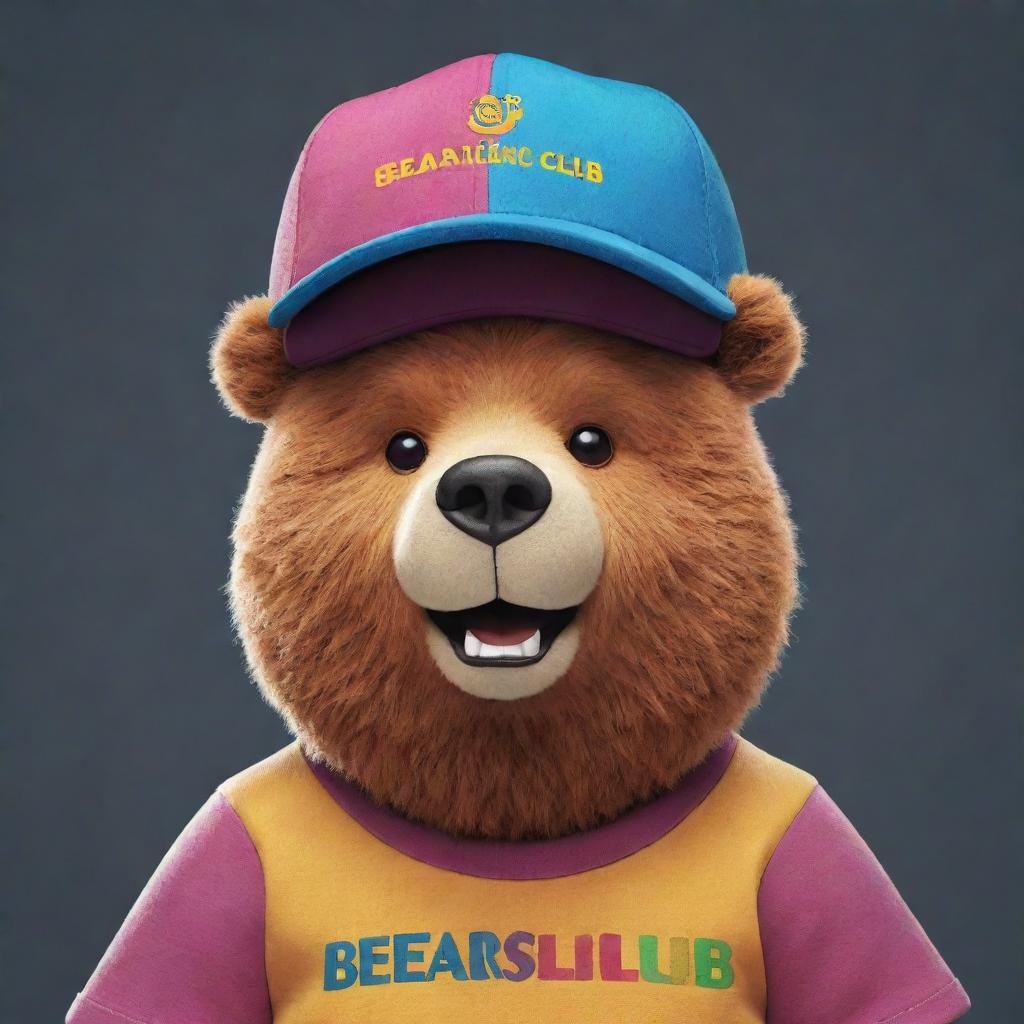 A cartoon-styled bear wearing a cap with the name 'Bearlish Club' emblazoned on it, designed with a playful and lively combination of colour and form.