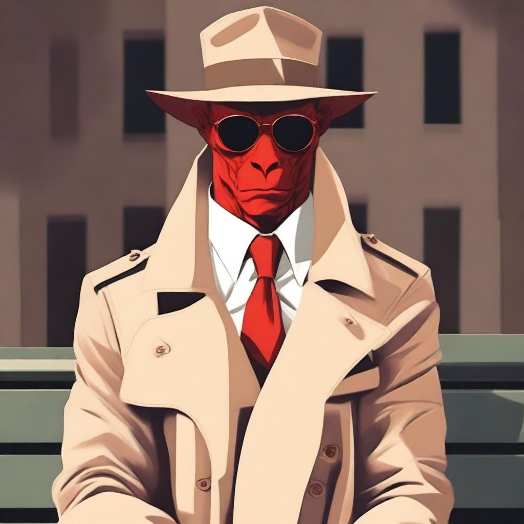 A red-skinned demon detective dressed in a beige trench coat, a beige hat, and sunglasses sitting on a bench