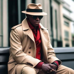 A red-skinned demon detective dressed in a beige trench coat, a beige hat, and sunglasses sitting on a bench