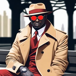 A red-skinned demon detective dressed in a beige trench coat, a beige hat, and sunglasses sitting on a bench