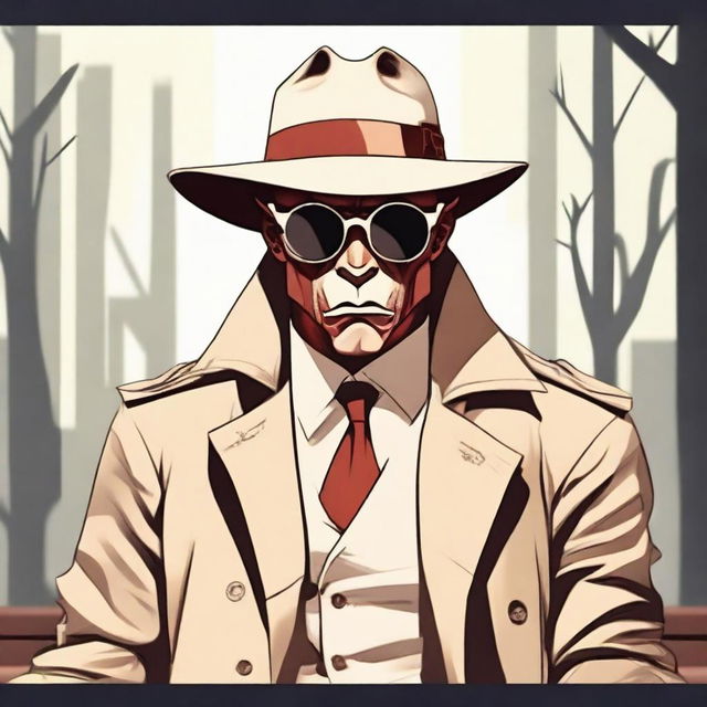 A red-skinned demon detective dressed in a beige trench coat, a beige hat, and sunglasses sitting on a bench