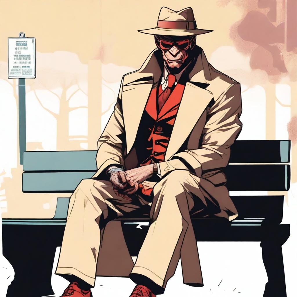 A red-skinned demon detective dressed in a beige trench coat, a beige hat, and sunglasses is sitting on a bench